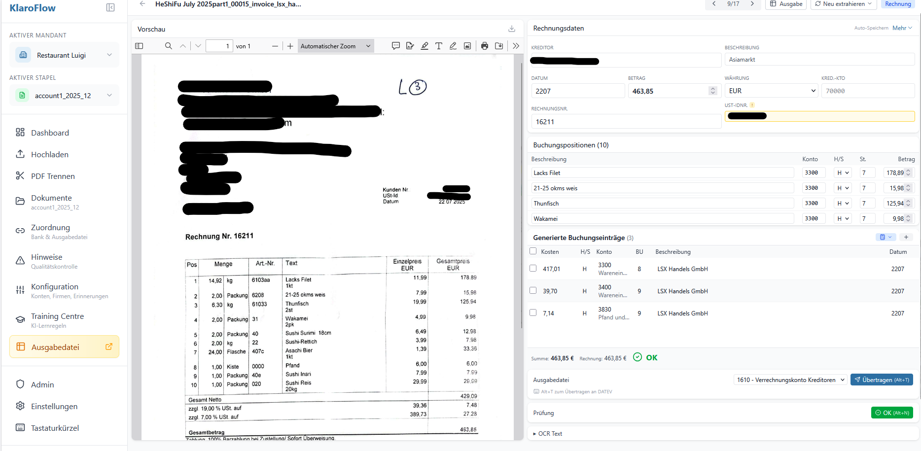 KI-gestützte Datenextraktion - Automatische Erkennung von Rechnungsdaten und Splitbuchungen